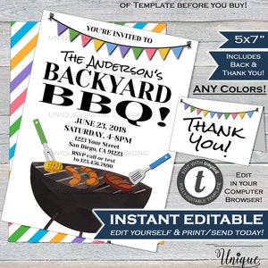 Puede incluir: Una plantilla de invitaci&oacute;n imprimible de 12,7 x 17,8 cm para una barbacoa en el patio trasero. La plantilla presenta una ilustraci&oacute;n de dibujos animados de una parrilla con comida cocin&aacute;ndose en ella. El texto en la plantilla dice "The Anderson's Backyard BBQ!" e incluye la fecha, la hora y la ubicaci&oacute;n del evento. La plantilla es totalmente editable y se puede personalizar con cualquier color. La plantilla tambi&eacute;n incluye una tarjeta de agradecimiento.