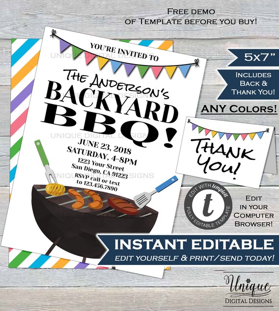 Summer Backyard BBQ Invitation, Editable Neighborhood Yard Grill Out Block Party, Barbecue Street Party Printable Template INSTANT ACCESS