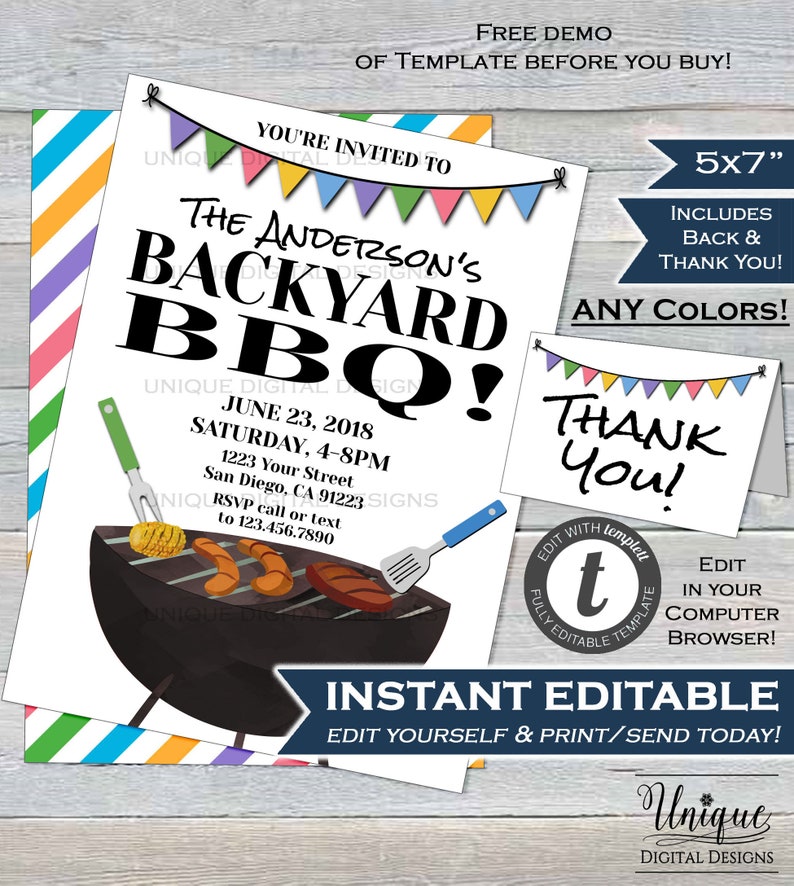 Puede incluir: Una plantilla de invitaci&oacute;n imprimible de 12,7 x 17,8 cm para una barbacoa en el patio trasero. La plantilla presenta una ilustraci&oacute;n de dibujos animados de una parrilla con comida cocin&aacute;ndose en ella. El texto en la plantilla dice "The Anderson's Backyard BBQ!" e incluye la fecha, la hora y la ubicaci&oacute;n del evento. La plantilla es totalmente editable y se puede personalizar con cualquier color. La plantilla tambi&eacute;n incluye una tarjeta de agradecimiento.