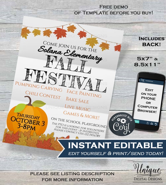 fall festival flyer editable fall harvest invitation etsy