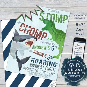 May include: A blue and white striped background with a 5x7 inch invitation for a joint birthday party. The invitation features a green dinosaur and a shark with the text "Get Ready to Stomp and Chomp! You're invited to Andrew's 6th and Simon's 3rd Roaring Birthday Party! February 16, 10am-12pm, 1223 Your Street, San Diego, CA 91223, RSVP to Heather 122.345.6789". The invitation is editable and can be personalized and printed.