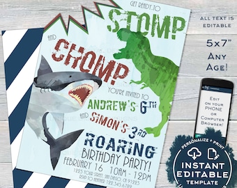 Sibling Dinosaur Shark Birthday Invitation, Joint Editable Brother Birthday Invite, Boy Shark Attack Stomp Chomp, Printable INSTANT ACCESS