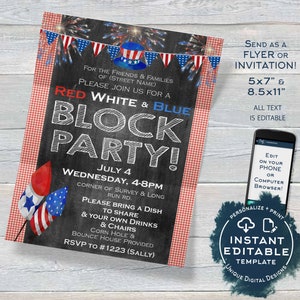 4th of July Block Party Invitation, Editable July 4th Street Party Flyer, Red White Blue Firecracker BBQ Neighborhood Print INSTANT ACCESS