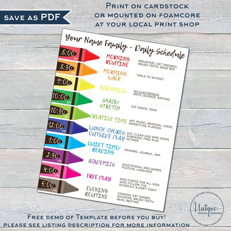May include: A colorful printable daily schedule for a family with a crayon theme. The schedule includes times for morning routine, academics, snack, creative time, lunch and chores, outside play, quiet time reading, academics, free play, and evening routine.