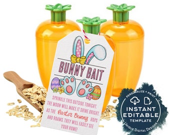 Easter Bunny Bait Tag, Editable Easter Egg Hunt Gift Favor Tag, Bunny Food Tag for Fillable Carrot containers, Personalize Printable INSTANT