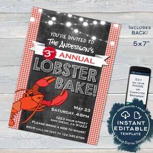 Lobster Bake Invitation, Editable Lobster Boil Invite, Beers and Boil Birthday, Lobster Fest bbq diy Printable Personalized INSTANT ACCESS