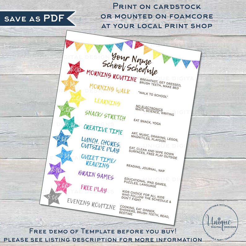 May include: A printable school schedule template with a colorful rainbow design. The schedule includes times for morning routine, morning walk, learning, snack/stretch, creative time, lunch/chores/outside play, quiet time/reading, brain games, free play, and evening routine. The text "Your Name School Schedule" is at the top of the page.