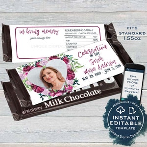 Recuerdo del funeral de Celebration of Life, envoltorio de barra de chocolate editable con foto, en Memory Candy Bar, ACCESO INSTANTÁNEO imprimible 1.55oz UMFL
