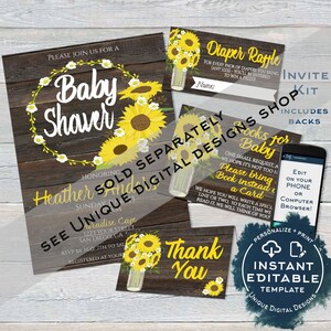May include: A set of printable baby shower invitations with a sunflower theme. The invitations include a baby shower invitation, a diaper raffle card, a thank you card, and a card for guests to bring a book instead of a card. The text on the invitation reads "Please join us for a Baby Shower honoring Heather Anderson".