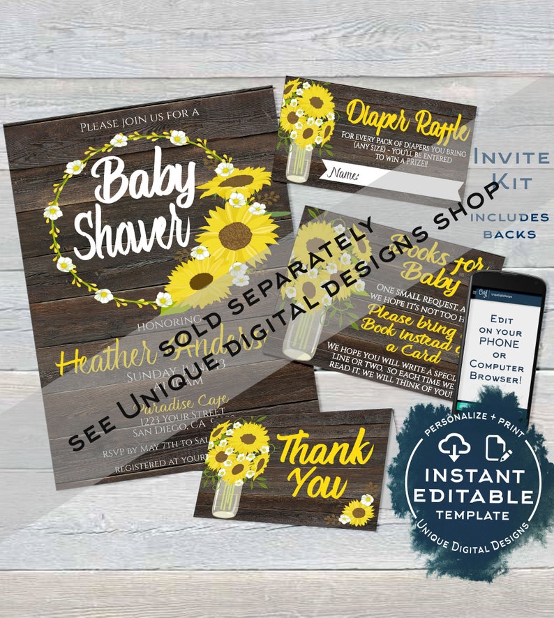 May include: A set of printable baby shower invitations with a sunflower theme. The invitations include a baby shower invitation, a diaper raffle card, a thank you card, and a card for guests to bring a book instead of a card. The text on the invitation reads "Please join us for a Baby Shower honoring Heather Anderson".