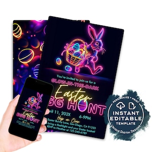 Glow in the Dark Egg Hunt, Editable Easter Egg Hunt Invite, Neon Birthday Party Hoppy Easter Bunny, Personalized Phone Custom Print INSTANT image 1