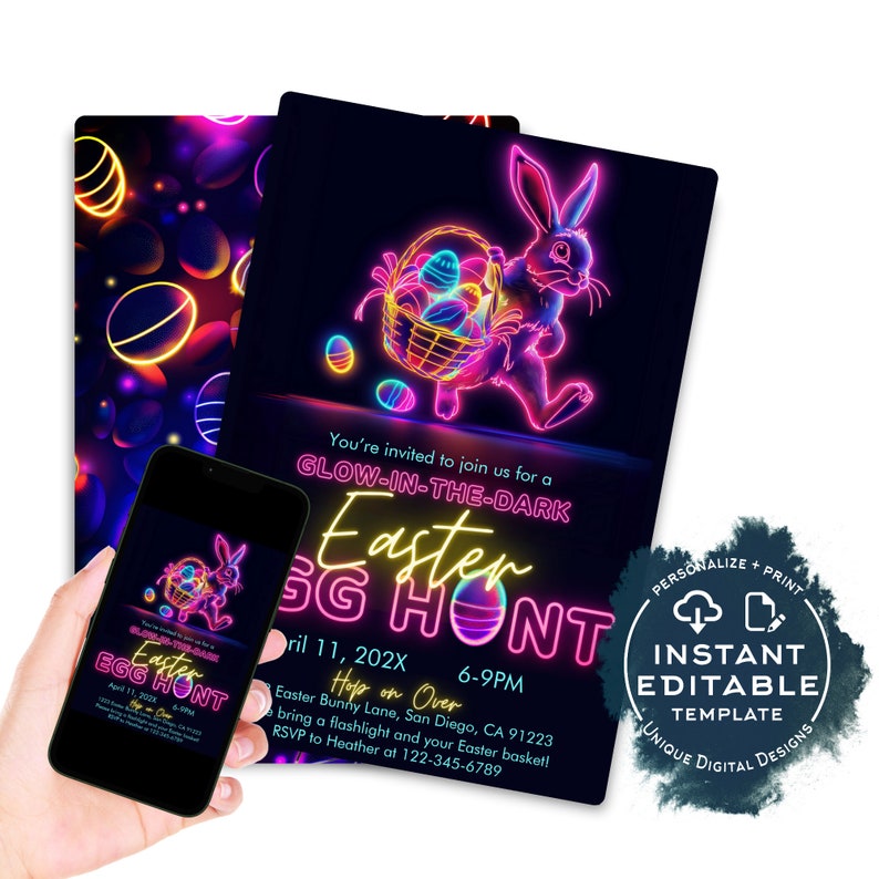 Glow in the Dark Egg Hunt, Editable Easter Egg Hunt Invite, Neon Birthday Party Hoppy Easter Bunny, Personalized Phone Custom Print INSTANT image 1