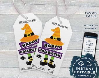 Editable Halloween Favor Tags, Personalized Halloween Tags Trick or Treat Thank You Printable, Kids Birthday Gift Tags Spooky INSTANT ACCESS