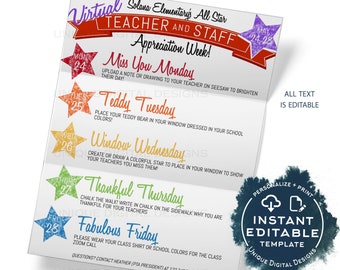 Virtual Teacher Appreciation Week Schedule, Editable School Staff Appreciation Schedule of Events Invite, PTA Flyer Printable INSTANT ACCESS