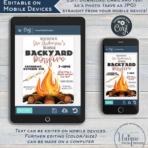 May include: Editable digital invitation for a backyard bonfire party. The invitation features a watercolor illustration of a campfire with marshmallows on sticks, and the text "You're invited to The Anderson's 3rd Annual Backyard Bonfire, Saturday, October 4th, 7-11pm".