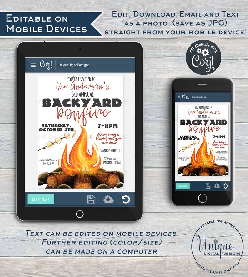 May include: Editable digital invitation for a backyard bonfire party. The invitation features a watercolor illustration of a campfire with marshmallows on sticks, and the text "You're invited to The Anderson's 3rd Annual Backyard Bonfire, Saturday, October 4th, 7-11pm".