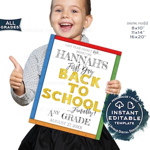 May include: A printable sign for a first day of school celebration. The sign is red, green, yellow, and blue with a ruler border. The text on the sign reads "Hannah's First Day Back To School...Finally! Any Grade August 27, 20XX".