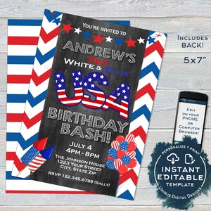 USA Birthday Invitation, Editable 4th of July Birthday Bash, July 4th Party Stars and Stripes red white blue diy Printable INSTANT ACCESS