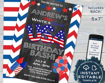 USA Birthday Invitation, Editable 4th of July Birthday Bash, July 4th Party Stars and Stripes red white blue diy Printable INSTANT ACCESS