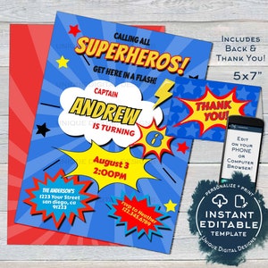 Superhero Birthday Invitation, Editable Boys Superhero Party Invite, ANY Age Boom Bam Pow Custom Digital Printable Template INSTANT ACCESS