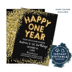 Gelukkige eenjarige verjaardagsuitnodiging, bewerkbaar oudejaarsfeest, eerste verjaardagsfeest, glitter afdrukbare sjabloon diy INSTANT TOEGANG 2021