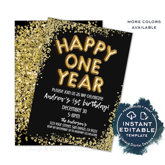 Happy One Year Birthday Invitation, Editable New Years Eve Party, First Birthday Party, Glitter Printable Template diy INSTANT ACCESS 2021