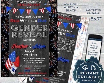 Red White and Due, Editable 4th of July Gender Reveal Invitation, Firework Baby Shower, Personalized bbq Printable, Custom INSTANT ACCESS