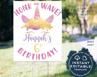 Unicorn Birthday Yard Sign, Honk and Wave Girls Editable Parade Drive By Poster, Quarantine Birthday Banner Printable Digital INSTANT ACCESS