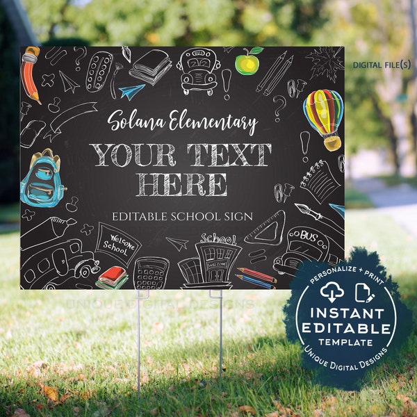 Editable Back to School Banner, 1st Day of School Yard Sign Poster, Teacher Classroom Chalkboard Sign, PTA PTO Digital Printable Diy INSTANT