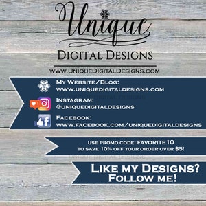 May include: A graphic design advertisement on a weathered wood background. The text reads "Unique Digital Designs" with website and social media links. Includes a call to action: "Like my designs? Follow me!"