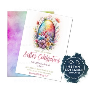 Editable Easter Celebration Invitation, Easter Egg Hunt Party Invite, Pastel Easter Egg Brunch, Personalized Easter Bunny Spring diy INSTANT INVITE: 5x7