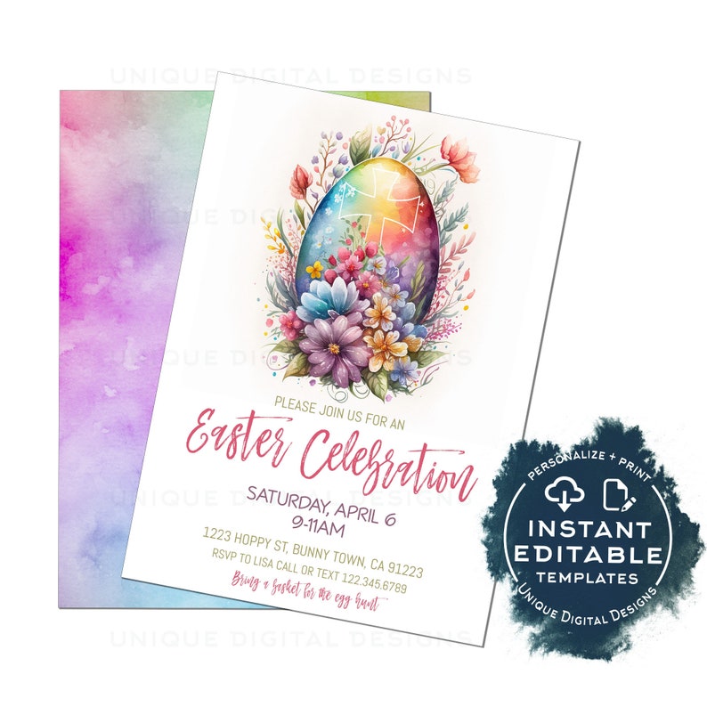 Editable Easter Celebration Invitation, Easter Egg Hunt Party Invite, Pastel Easter Egg Brunch, Personalized Easter Bunny Spring diy INSTANT INVITE: 5x7