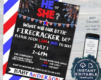 4th of July Firecracker Gender Reveal Invitation, Editable Baby Shower July 4th red white due, Custom Chalkboard Printable INSTANT ACCESS