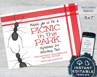 Park Birthday Party Invitation, Editable Picnic Party in the Park, Ant BBQ Party Invite, Playground Printable Template INSTANT ACCESS 5x7