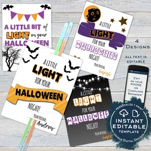 Editable Halloween Glow Stick Tags, A Little Light for Halloween Night Halloween Gifts for Kids Favor Tag Printable Thank You INSTANT ACCESS