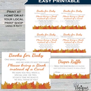 May include: Printable baby shower invitation cards with fall leaf accents. The cards include text that reads "Books for Baby" and "Diaper Raffle". The design is intended to be printed at home or at a local print shop using 8.5x11 paper.
