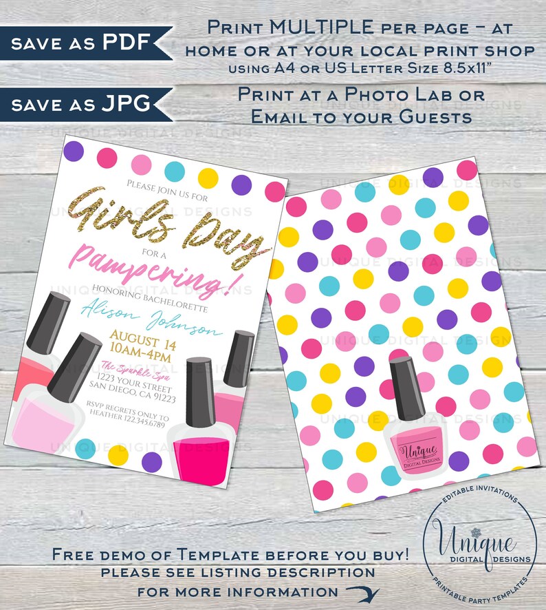 Spa Party, Girls Day Out Invitation, Editable Spa Day Invite, Bachelorette Girls Night Out Spa Birthday Party Printable INSTANT ACCESS 5x7 image 2