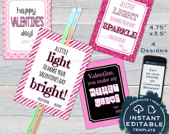 Editable Valentine Card, Glow Stick Favor Tags, Kids Valentines Cards Classroom, Valentines Day Printable Custom Template INSTANT ACCESS