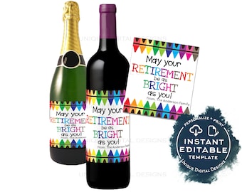 Teacher Retirement Wine Bottle Label Editable Wine Label Sticker Champagne Gift for Teacher Staff Appreciation Printable INSTANT ACCESS UTCR