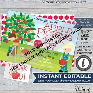 May include: Editable invitation template for a 9th birthday party with an apple picking theme. The invitation features a cartoon illustration of a child picking apples from a tree. The text on the invitation reads "Please join us for Apple Picking for [child's name]'s 9th Birthday Party!"  The invitation is available in 5x7 inches and can be edited in your computer browser.