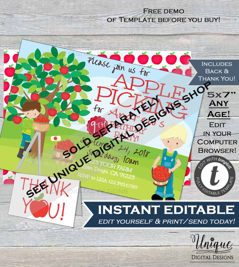May include: Editable invitation template for a 9th birthday party with an apple picking theme. The invitation features a cartoon illustration of a child picking apples from a tree. The text on the invitation reads "Please join us for Apple Picking for [child's name]'s 9th Birthday Party!"  The invitation is available in 5x7 inches and can be edited in your computer browser.