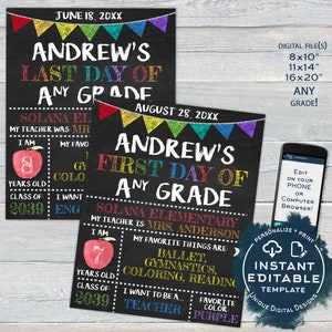 Editable Back to School Photo Prop, 1st Day Back to School Poster, Personalized School Chalkboard Sign Any Grade, diy Digital INSTANT ACCESS