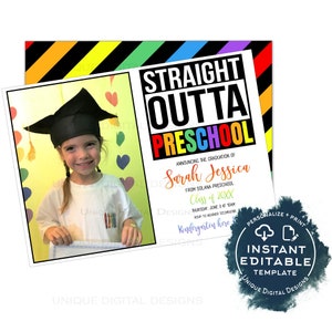 Tarjeta de anuncio de graduación de preescolar Straight Outta, Anuncio editable de avance de niñas a jardín de infantes con foto, Directamente de la escuela INSTANTÁNEO