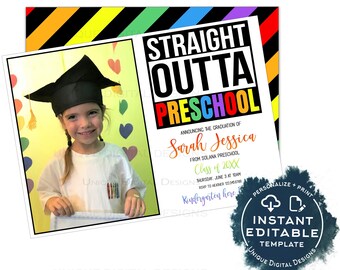 Annuncio di laurea "Straight Outta Preschool", modificabile, con foto, per bambine che avanzano alla scuola materna, direttamente dalla scuola, IMMEDIATO