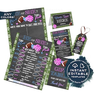 Football Gender Reveal Invitation Kit, Editable Pom Poms or Touchdowns Ticket Invite, He or She Printables, Team Blue Team Pink Baby INSTANT image 2