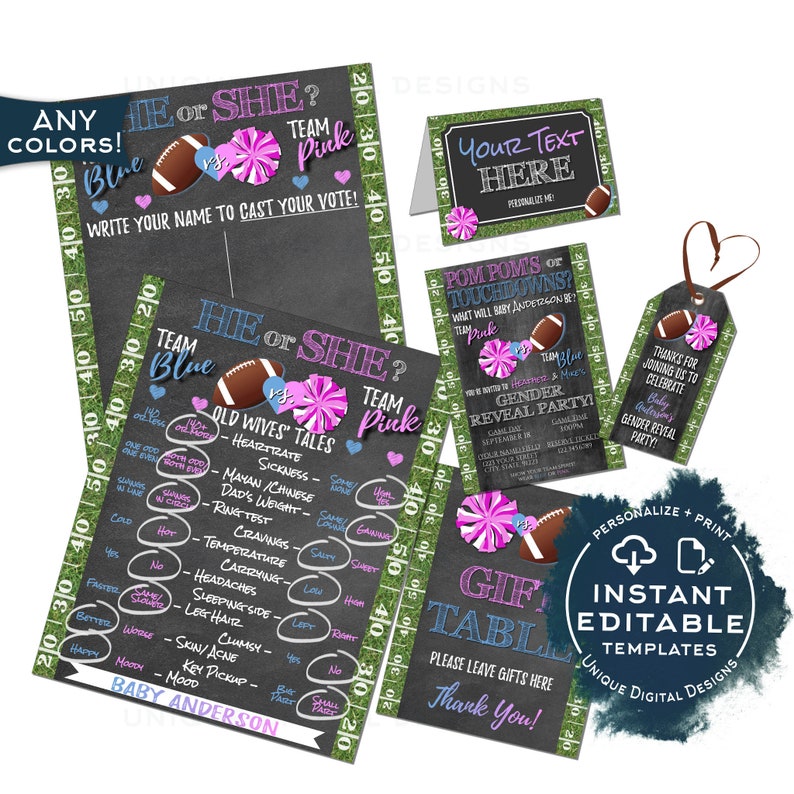 Football Gender Reveal Invitation Kit, Editable Pom Poms or Touchdowns Ticket Invite, He or She Printables, Team Blue Team Pink Baby INSTANT image 2