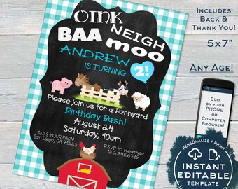 Farm Animal Birthday Invitation, Editable Boys Petting Zoo Birthday Party Invite, Blue Barnyard Birthday Printable Template INSTANT ACCESS