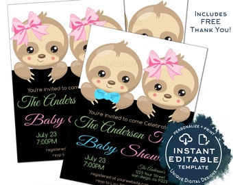 Twin Sloth Baby Shower Invitation, Editable Twins Sloth Baby Shower Invite, Slow Down Baby Girl Boy, He or She Printable Template INSTANT