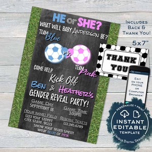 Soccer Gender Reveal Invitation, Editable Baby Shower Invite Team He vs She Reveal Chalkboard Template Custom Printable INSTANT ACCESS 5x7