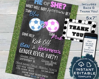 Soccer Gender Reveal Invitation, Editable Baby Shower Invite Team He vs She Reveal Chalkboard Template Custom Printable INSTANT ACCESS 5x7